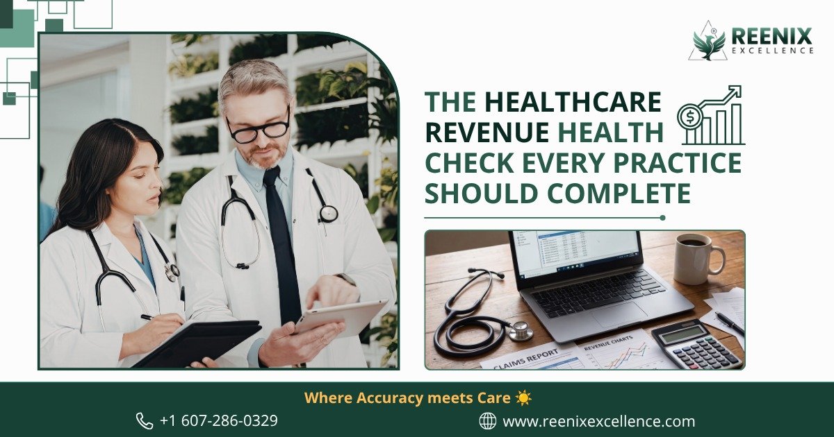 Healthcare professionals performing a Revenue Cycle Management Health Check to improve billing accuracy, reduce claim denials, and optimize reimbursements.